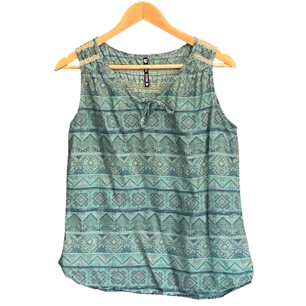 Kuhl Sleeveless Top Boho Gorpcore Teal Cotton Silk Geometric Print M Bohemian